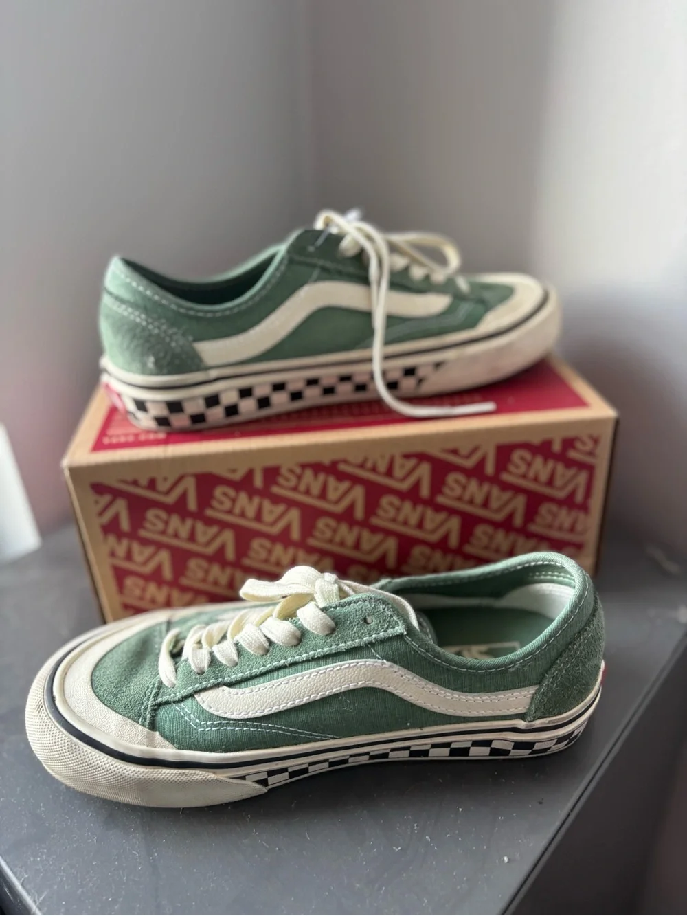 Vans Green Canvas Old Skool Sneakers with White Stripe and Checkerboard Midsole